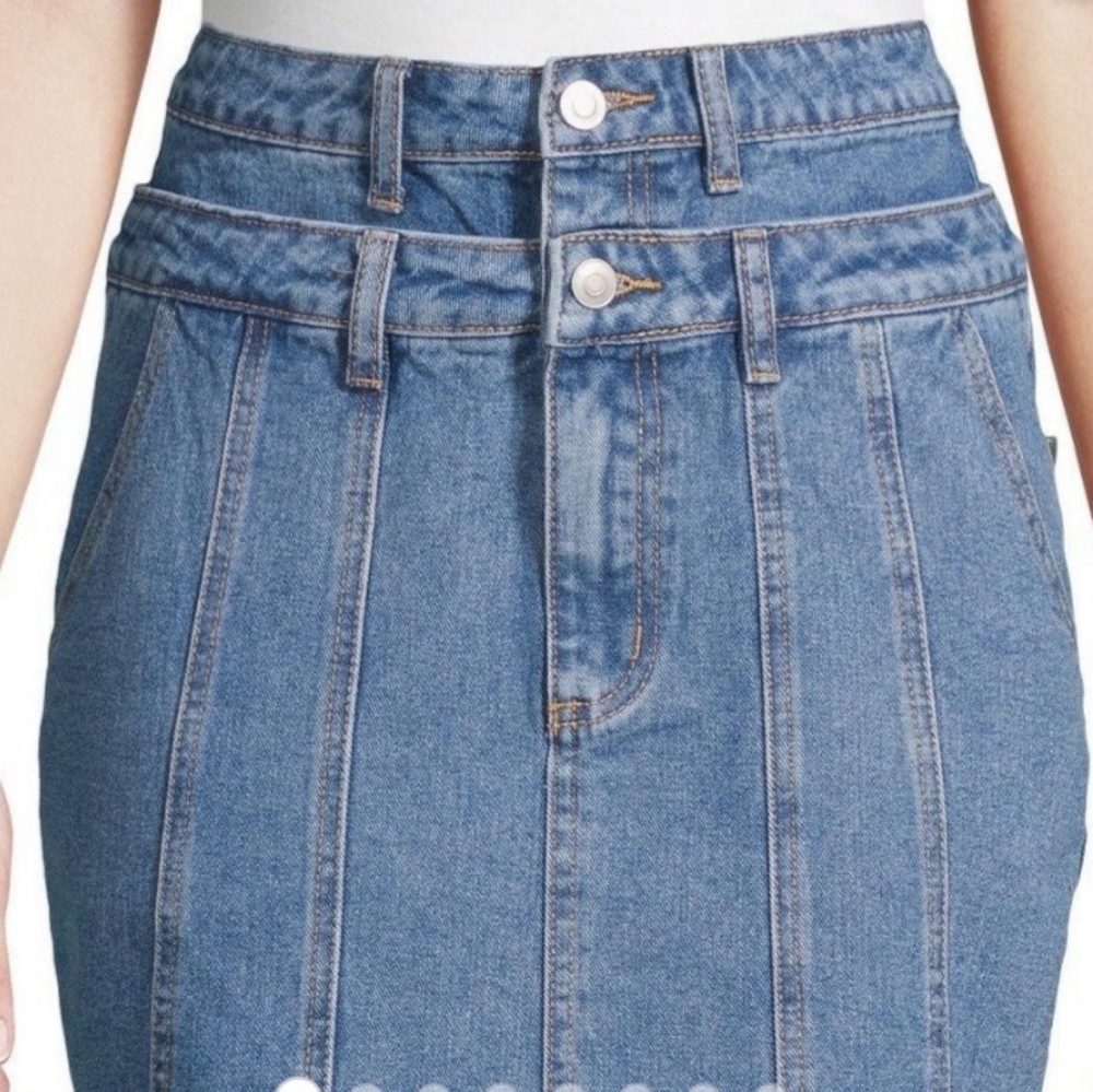 Renvy Double Waistband, medium wash denim skirt. S